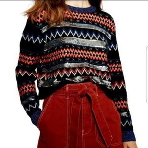Topshop Sequin Striped Fair Isle Cropped Sweater